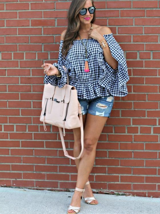 Check Ruffled Off-Shoulder Top