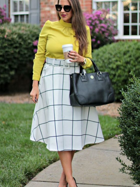 Mustard Bow Top & Plaid Skirt