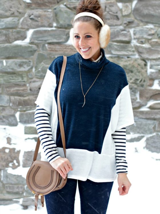 Cowl Neck Sweater, Stripes, & Snow