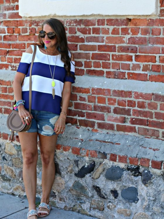 Nautical Stripe Cutout Shoulder Tee