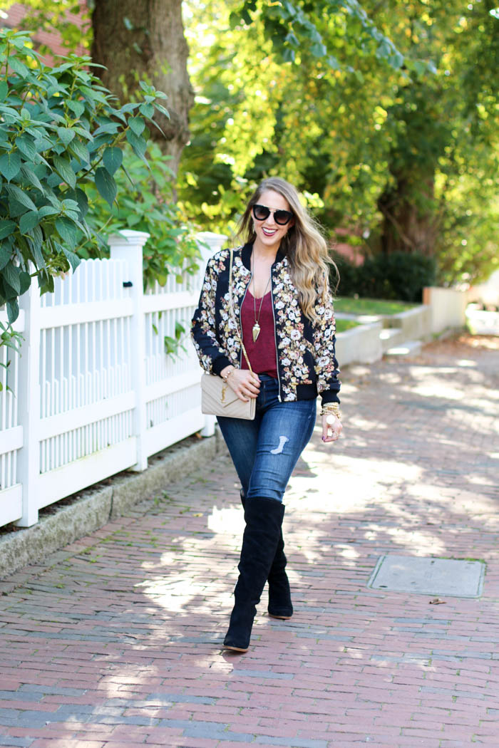 fall florals bomber jacket, over the knee boots, kendra scott and ysl