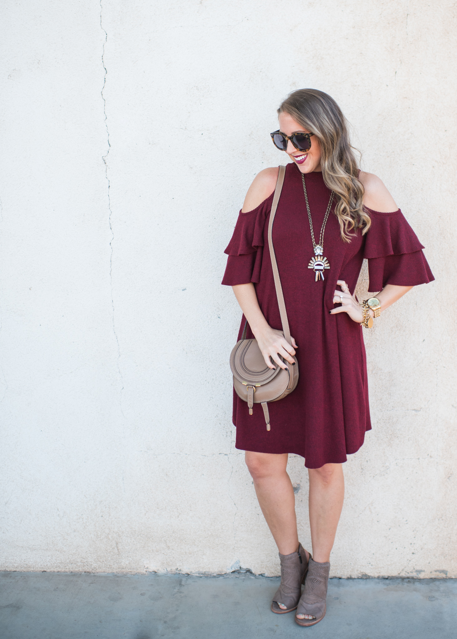 ruffle cold shoulder shift dress, fall booties, statement necklace and chloe crossbody bag
