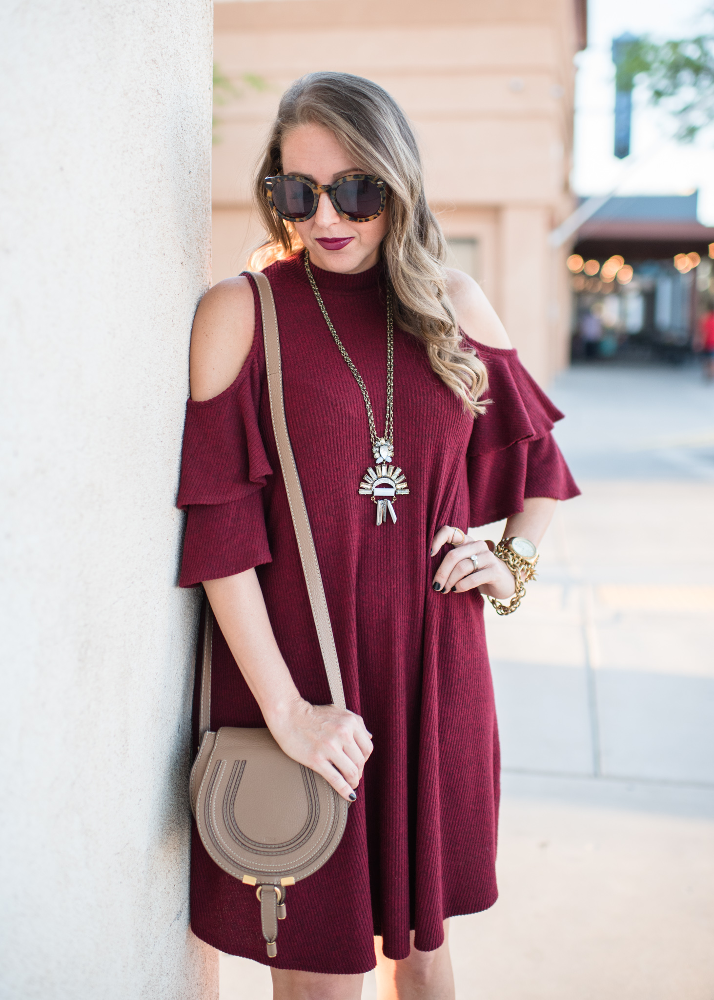 ruffle cold shoulder shift dress, fall booties, statement necklace and chloe crossbody bag
