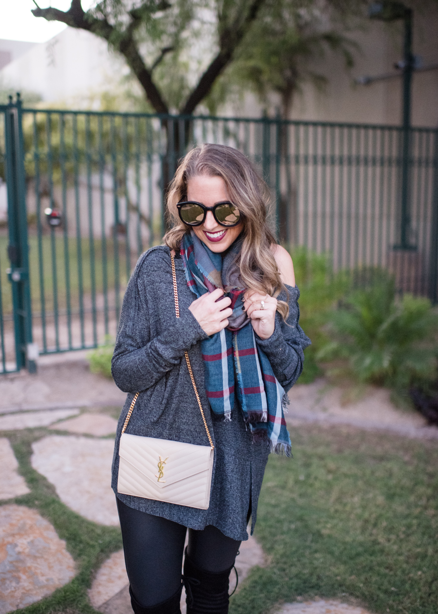 Free people tunic, plaid scarf, over the knee boots and YSL bag