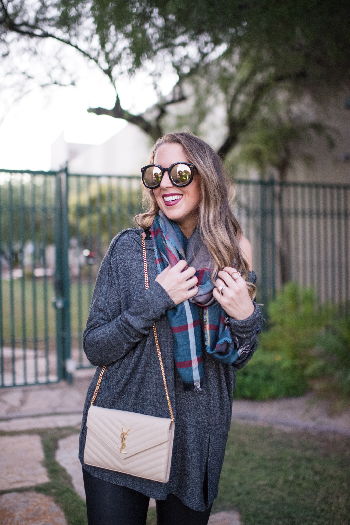 Free people tunic, plaid scarf, over the knee boots and YSL bag